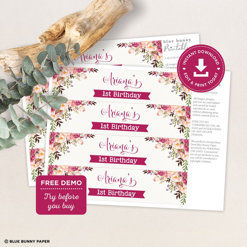 Editable Floral Water Bottle Label Template, Boho 1st Birthday Favors, Rustic Flower Baby Shower Decorations Garden Party Download, FLO7 image 2