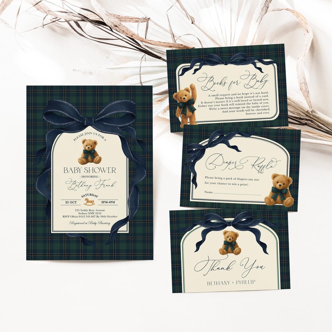 Navy Bow Polo Teddy Bear Baby Shower Invitation Bundle: Equestrian ...