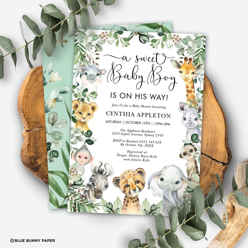 Editable Safari Baby Shower Invitation. Jungle Sweet Baby Boy Invite. Wild Animals Greenery Printable Template. Instant Download. JUN13 