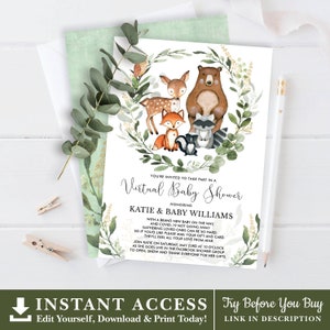 Op de afbeelding: Een uitnodiging voor een virtuele babyshower met een aquarelillustratie van bosdieren, waaronder een hert, een vos, een wasbeer en een beer, omringd door groen. De tekst luidt "U bent uitgenodigd om deel te nemen aan een virtuele babyshower ter ere van Katie & Baby Williams".