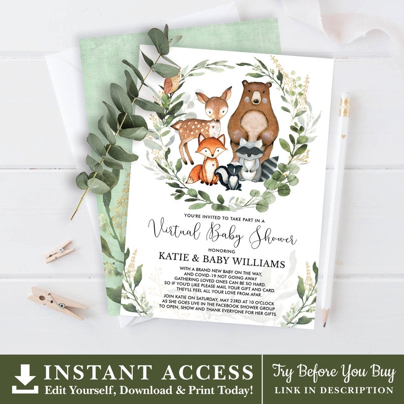 Op de afbeelding: Een uitnodiging voor een virtuele babyshower met een aquarelillustratie van bosdieren, waaronder een hert, een vos, een wasbeer en een beer, omringd door groen. De tekst luidt "U bent uitgenodigd om deel te nemen aan een virtuele babyshower ter ere van Katie & Baby Williams".