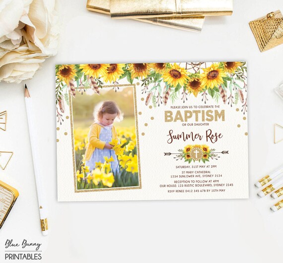 Sunflower Baptism Invitation. Rustic Boho Yellow Floral Etsy