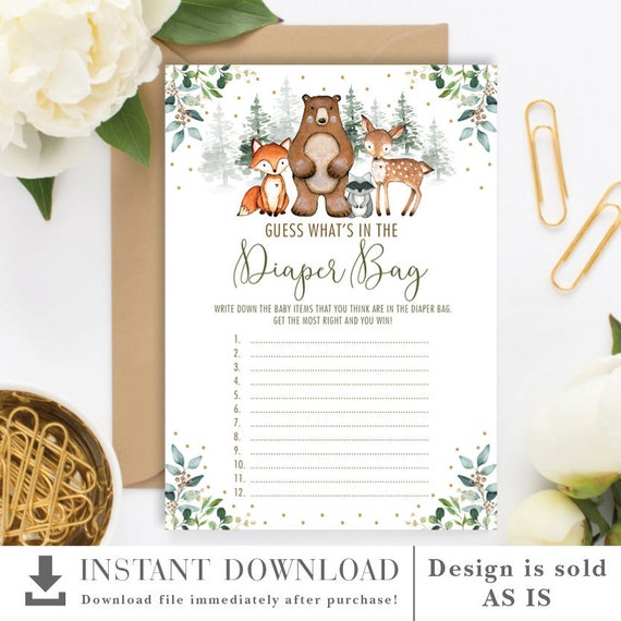 What's in The Diaper Bag. Woodland Baby Shower Game. Watercolor Greenery Forest Animals Printable Card. Instant Download. WOOD14 Il_570xn