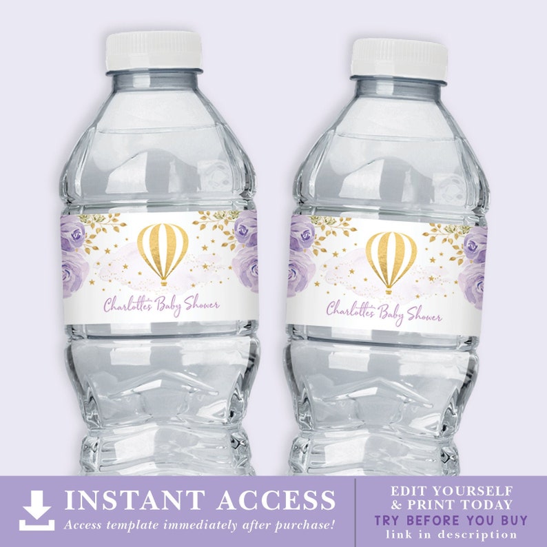 EDITABLE Hot Air Balloon Water Bottle Labels. Lavender Gold Etsy