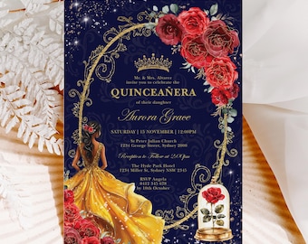 May include: A blue and gold Quinceañera invitation with a gold crown, red roses, and a Belle-inspired illustration. The text reads "Mr. & Mrs. Alvarez invite you to celebrate the Quinceañera of their daughter Aurora Grace".