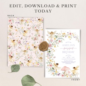 Peut inclure: Une invitation blanche avec une bordure florale et une illustration de f&eacute;e. Le texte indique "Rejoignez-nous pour le premier anniversaire de f&eacute;e d'Amelia, samedi 25 juin 20xx, 14h00, The Williams Residence, 1234 Woodland Avenue, Sydney 2345, RSVP &agrave; Rachael 0412 345 678 avant le 5 octobre".