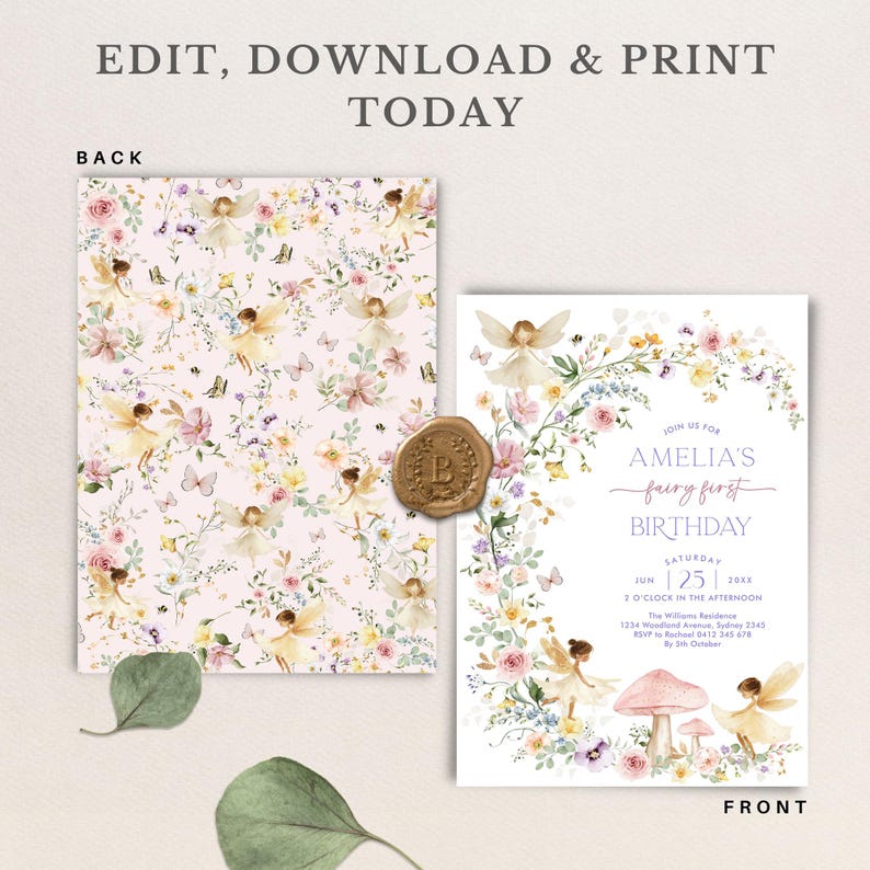 Peut inclure: Une invitation blanche avec une bordure florale et une illustration de f&eacute;e. Le texte indique "Rejoignez-nous pour le premier anniversaire de f&eacute;e d'Amelia, samedi 25 juin 20xx, 14h00, The Williams Residence, 1234 Woodland Avenue, Sydney 2345, RSVP &agrave; Rachael 0412 345 678 avant le 5 octobre".