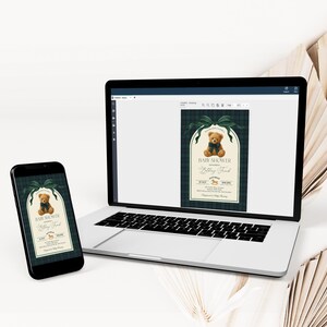 May include: A laptop and smartphone display a baby shower invitation. The invitation features a teddy bear illustration with a blue bow tie, set against a dark green plaid background. The text reads "Baby Shower" and event details.