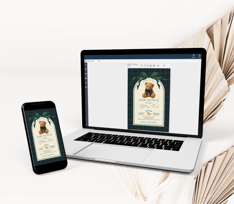 May include: A laptop and smartphone display a baby shower invitation. The invitation features a teddy bear illustration with a blue bow tie, set against a dark green plaid background. The text reads "Baby Shower" and event details.