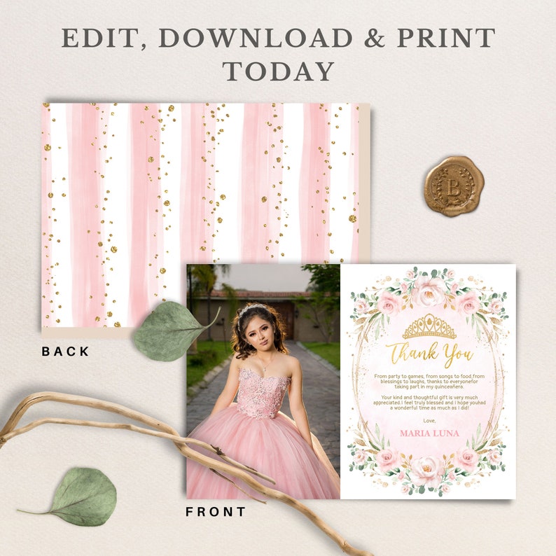 K&ouml;nnte beinhalten: Rosa-goldene Dankeskarte mit floralem Design und einem Foto einer jungen Frau in einem rosa Kleid. Der Text auf der Karte lautet "Danke" und "Maria Luna".