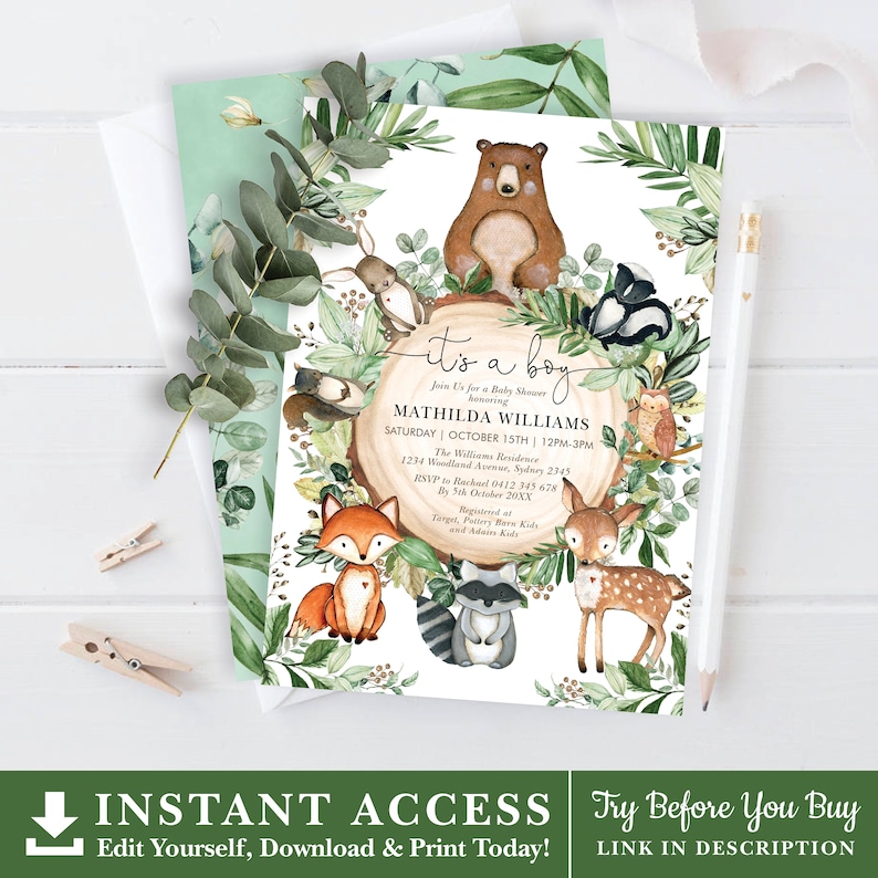 May include: A baby shower invitation with a woodland theme. The invitation features a brown bear, a fox, a raccoon, a deer, and a skunk. The text on the invitation reads "it's a boy" and includes the name "MATHILDA WILLIAMS" and the date "SATURDAY | OCTOBER 15TH | 12PM-3PM".