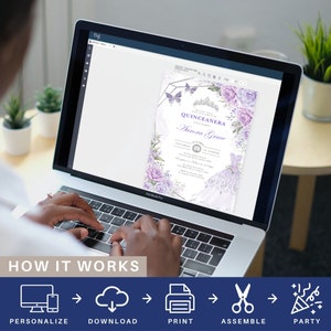 May include: A digital design for a Quincea&ntilde;era invitation featuring a purple and silver design with butterflies, a crown, and a floral pattern. The text on the invitation reads "Quincea&ntilde;era Aurora Grace".