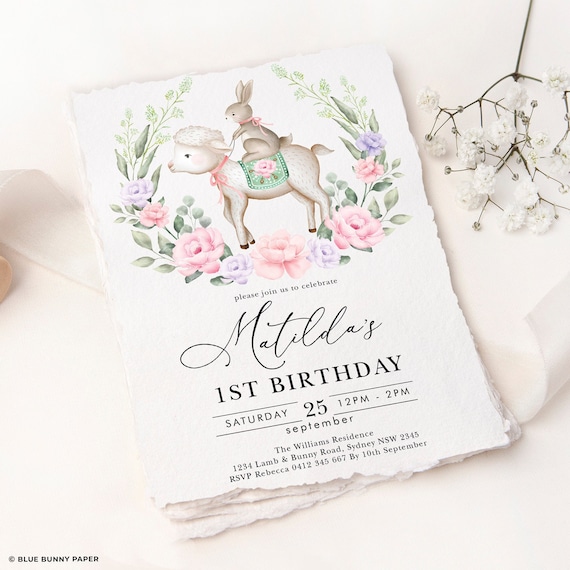 Bunny and Lamb Birthday Invitation, EDITABLE Easter Rabbit Party Invite, Pink Purple Floral Greenery 1st Birthday Template Download, EA1 Il_570xn