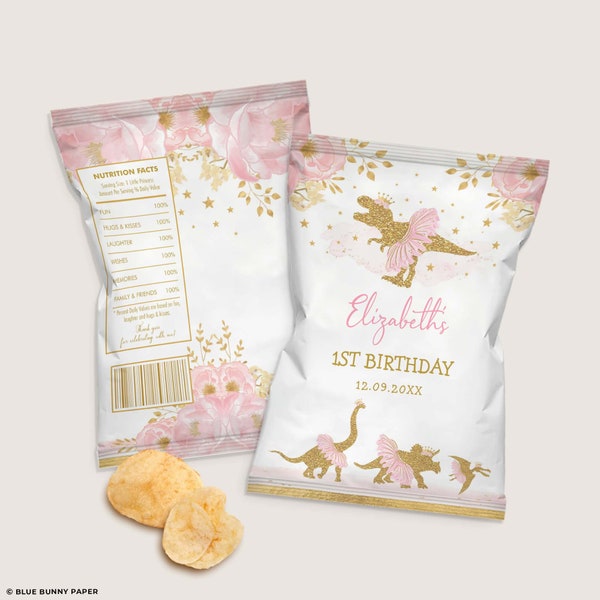 Editable Girl Dinosaur Chip Bag, Ballerina Princess Dino Birthday Party Favors, Blush Pink Gold Flowers Printable INSTANT DOWNLOAD, DIN4