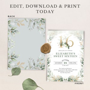 May include: A green and gold floral invitation for a Sweet Sixteen party. The invitation features a large gold number 16, a floral border, and the text "Elizabeth's Sweet Sixteen". The date and time of the party are listed as "Saturday, October 25, 12PM-2PM, 20XX". The invitation also includes the address and RSVP information.