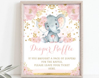 Girl Elephant Diaper Raffle Sign, Blush Pink Flower Baby Shower Printable, Jungle Elephant Baby Girl Party Decorations INSTANT DOWNLOAD EL6