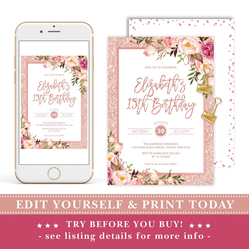 Rose Gold Birthday Invitation Template Blush Floral Etsy