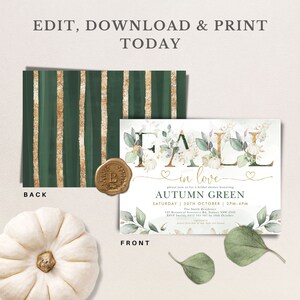 Puede incluir: Invitaci&oacute;n a un shower nupcial con el tema "Fall in love" con un fondo de acuarela verde y dorado. La invitaci&oacute;n presenta la palabra "Fall" en letras doradas con calabazas blancas y vegetaci&oacute;n. El texto dice "Por favor, &uacute;nase a nosotros para un shower nupcial en honor a Autumn Green, s&aacute;bado 30 de octubre, de 2 PM a 4 PM, The Smith Residence, 123 Botanical Greenery Rd, Sudary NSW 2545, RSVP Imelda 9412 545 567 antes del 10 de octubre."