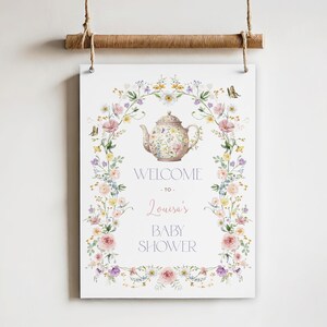 Zachte Wildflower Tea Party welkomstbord, baby in bloei lente afdrukbaar decor, pastel bloemen vlinder meisje verjaardag BEWERKBARE SJABLOON, WF2