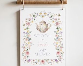 Soft Wildflower Tea Party Welcome Sign, Baby in Bloom Spring Printable Decor, Pastel Floral Butterfly Girl Birthday EDITABLE TEMPLATE, WF2