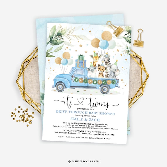 Twin Boys Jungle Drive Through Baby Shower Invitation, Blue Gold