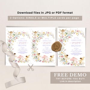 Peut inclure: Une invitation imprimable pour une f&ecirc;te de premier anniversaire sur le th&egrave;me des f&eacute;es. L'invitation pr&eacute;sente une couronne de fleurs, des papillons et des f&eacute;es avec un champignon rose au centre. Le texte sur l'invitation indique "Amelia's fairy first birthday".