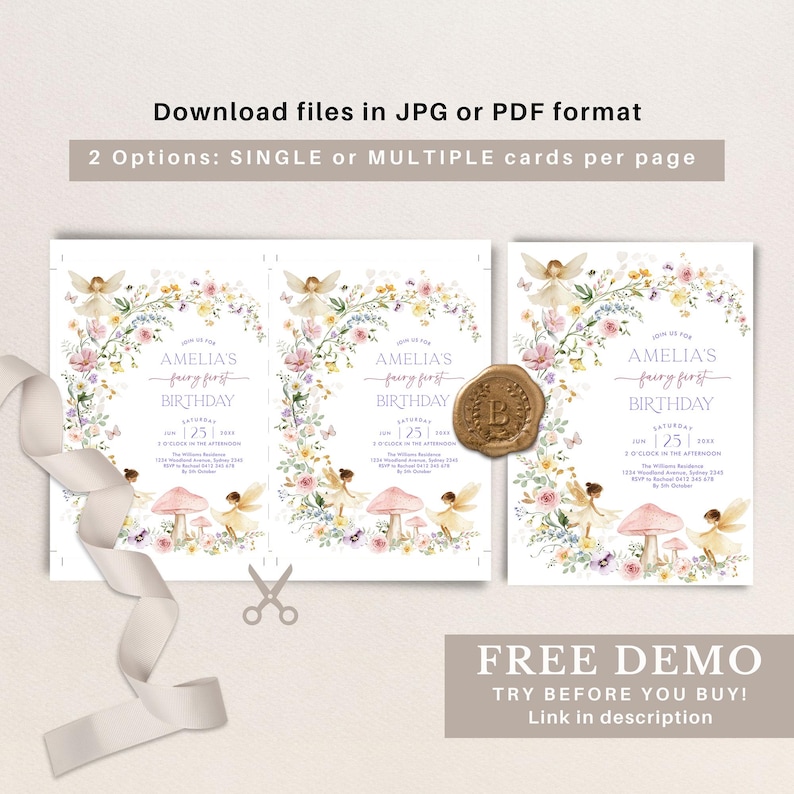 Peut inclure: Une invitation imprimable pour une f&ecirc;te de premier anniversaire sur le th&egrave;me des f&eacute;es. L'invitation pr&eacute;sente une couronne de fleurs, des papillons et des f&eacute;es avec un champignon rose au centre. Le texte sur l'invitation indique "Amelia's fairy first birthday".