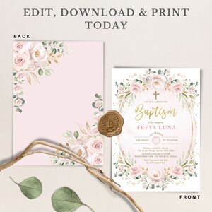 May include: A pink and gold baptism invitation with a floral wreath design. The invitation includes the text "Join Us to Celebrate the Baptism of our daughter FREYA LUNA" and the date "September 25th at 10:00 AM".