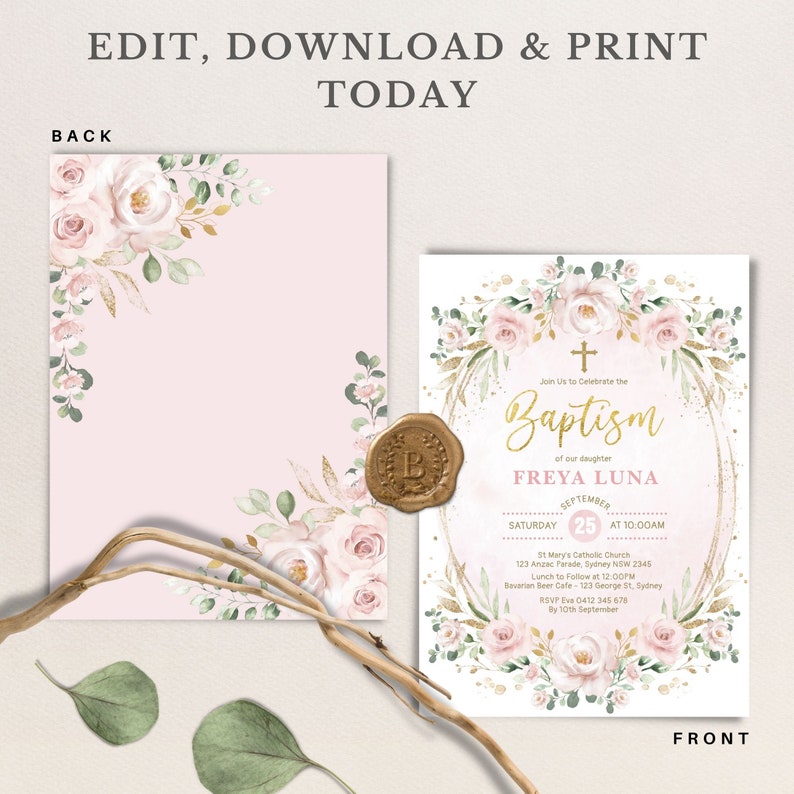 May include: A pink and gold baptism invitation with a floral wreath design. The invitation includes the text "Join Us to Celebrate the Baptism of our daughter FREYA LUNA" and the date "September 25th at 10:00 AM".
