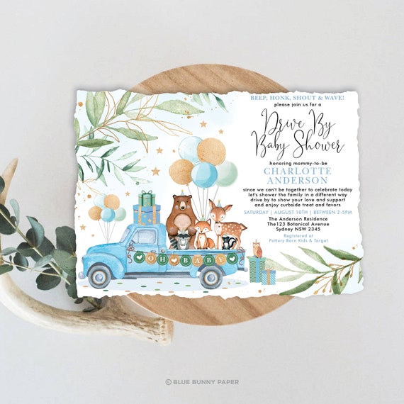 Drive Through Baby Shower Invitation. Woodland Drive By Baby Shower Parade. Blue Gold Greenery Quarantine Party. DB4 Il_570xn