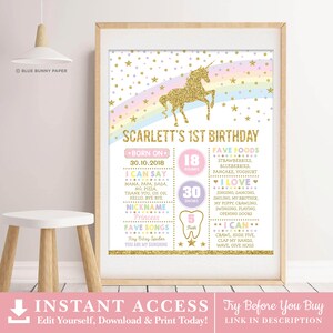 May include: A printable first birthday milestone poster featuring a gold glitter unicorn with a rainbow background. The poster includes details like the child's name, birthdate, weight, height, favorite foods, songs, and things they can do.