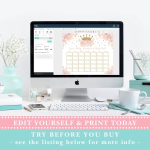 K&ouml;nnte beinhalten: Ein druckbarer Kalender mit einem rosa-goldenen Blumendesign und einer Krone. Der Text auf dem Kalender lautet "Errate das Geburtsdatum meiner kleinen Prinzessin".