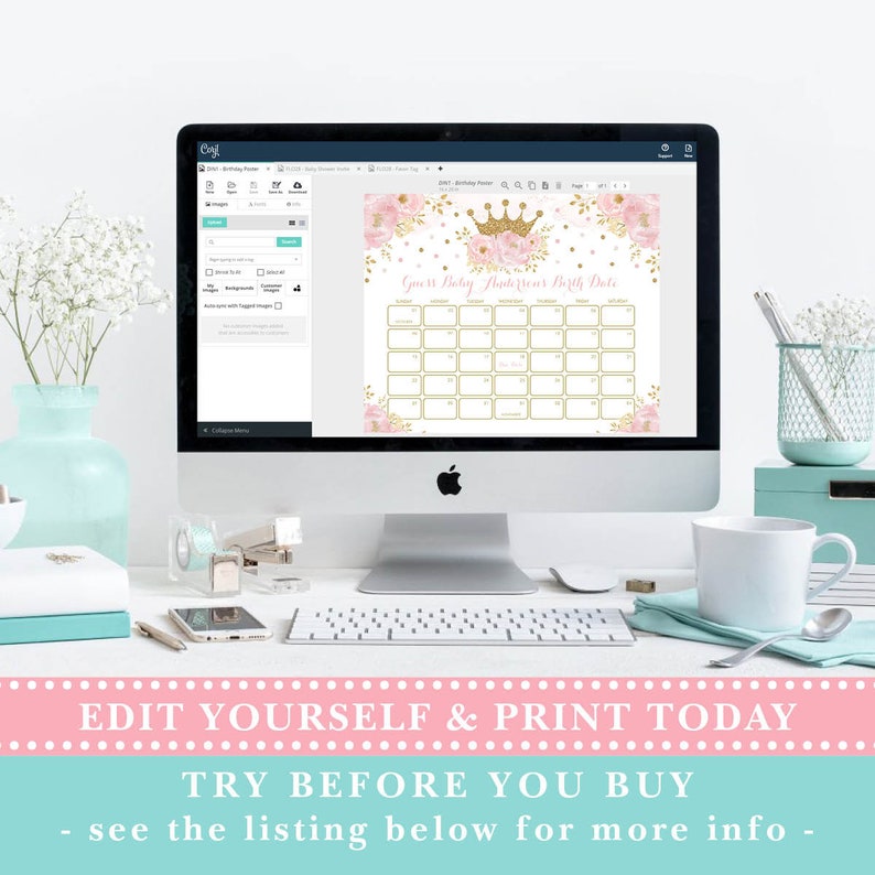 K&ouml;nnte beinhalten: Ein druckbarer Kalender mit einem rosa-goldenen Blumendesign und einer Krone. Der Text auf dem Kalender lautet "Errate das Geburtsdatum meiner kleinen Prinzessin".