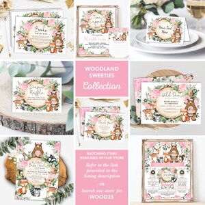 Op de afbeelding: Afdrukbare uitnodigingen, decoraties en spellen voor een babyshower of eerste verjaardag met een bos-thema. De set bevat een luierspelbord, een tijdcapsule, een bedankkaart, een uitnodiging voor een babymeisje, een uitnodiging voor een wilde en een spelbord. De ontwerpen bevatten roze bloemen, bosdieren en een bruine beer.