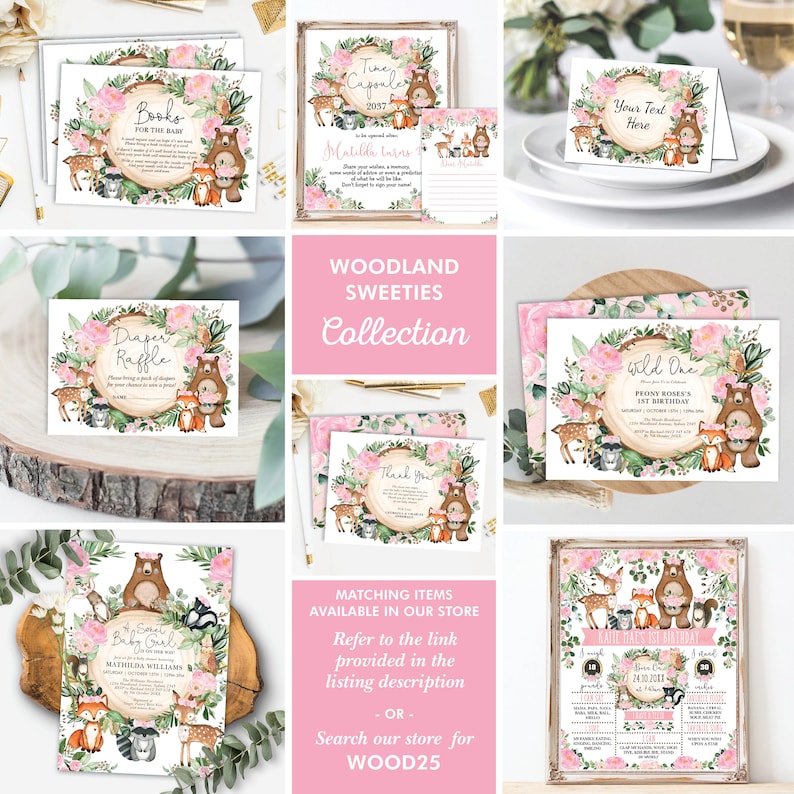 Op de afbeelding: Afdrukbare uitnodigingen, decoraties en spellen voor een babyshower of eerste verjaardag met een bos-thema. De set bevat een luierspelbord, een tijdcapsule, een bedankkaart, een uitnodiging voor een babymeisje, een uitnodiging voor een wilde en een spelbord. De ontwerpen bevatten roze bloemen, bosdieren en een bruine beer.