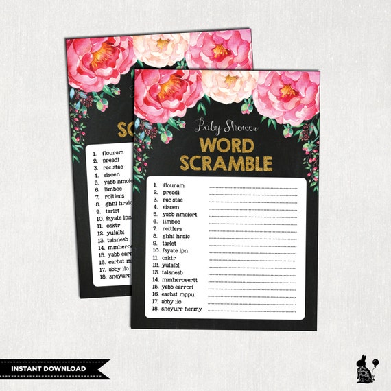 WORD SCRAMBLE. Vintage Baby Shower PRINTABLE Game. Pink and Gold Baby Game. Floral Baby Shower Activity. Rustic Flowers. Chalkboard FLO1 Il_570xn