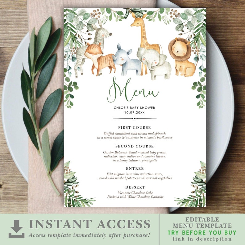 EDITABLE Jungle Safari Menu Template. Greenery Wild Animals Etsy