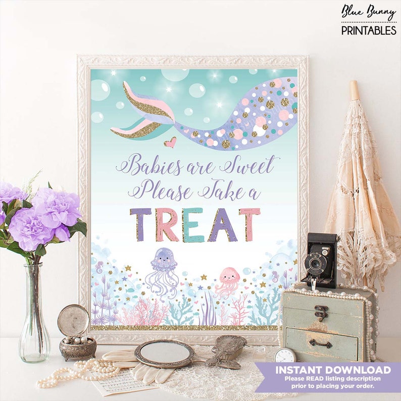 Pastel Watercolor Under the Sea Ocean Creatures Baby Shower Decor Confetti Take a Treat Favors MER6 Babies are Sweet Mermaid Theme Sign