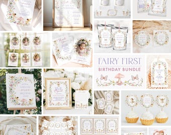 Può includere: Una collezione di articoli per feste a tema fatato, tra cui inviti, cartelli e decorazioni per cupcake. I disegni presentano ghirlande floreali, fate, farfalle e funghi in morbidi colori pastello. Il testo include "Fairy First Birthday Bundle".