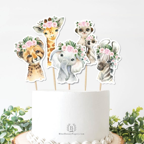 Girl Jungle Cake Toppers, Pink Floral Safari Animals Baby Shower, Wild One 1st Birthday Table Decor Centerpiece Instant Download, JUN16 Il_570xn