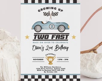 May include: A light blue race car birthday invitation with the text "Growing Up" and "Two Fast". The invitation includes the text "Oliver's 2nd Birthday" and event details. The design features checkered flags and a checkered border.