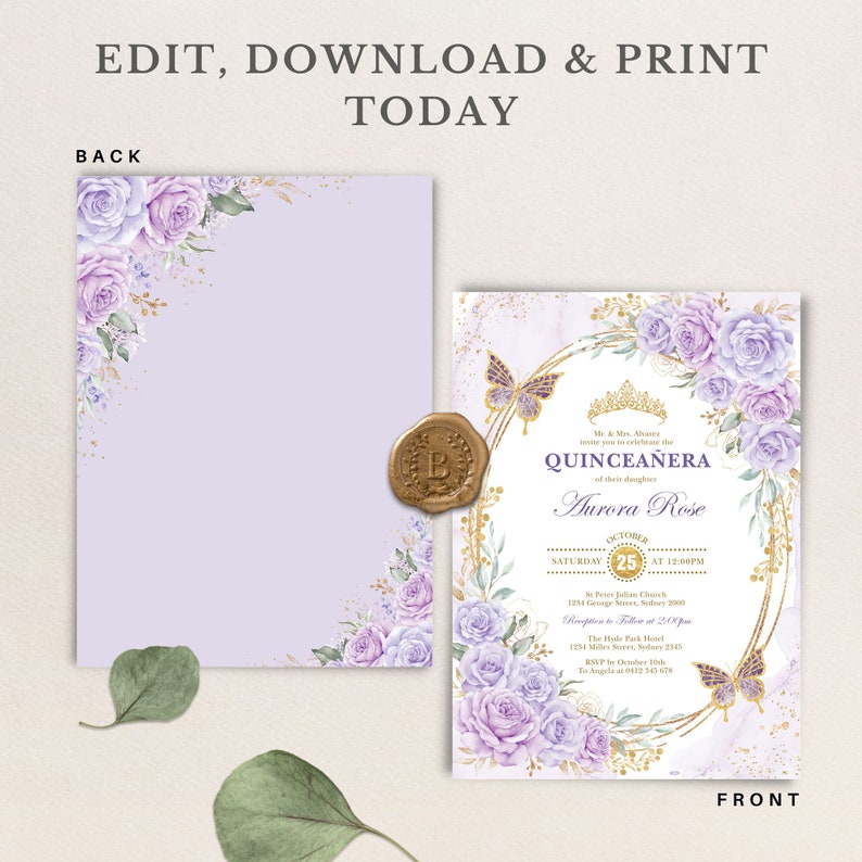 May include: Purple and gold Quincea&ntilde;era invitation with a floral design and a butterfly. The text reads "Mr. & Mrs. Alvarez invite you to celebrate the Quincea&ntilde;era of their daughter Aurora Rose. Saturday, October 25th at 12:00PM. St. Peter Julian Church, 1234 George Street,  Sodor 2300. Reception to follow at 2:00PM. The Hide Park Hotel, 1234 Miller Street, Sodor 2345. RSVP by October 10th. To Angela at 0112 345 678."
