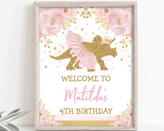 EDITABLE Girl Dinosaur Welcome Sign, Triceratops Birthday Party Decorations, Dinosaur Princess Ballerina Decor Template Download, DIN4