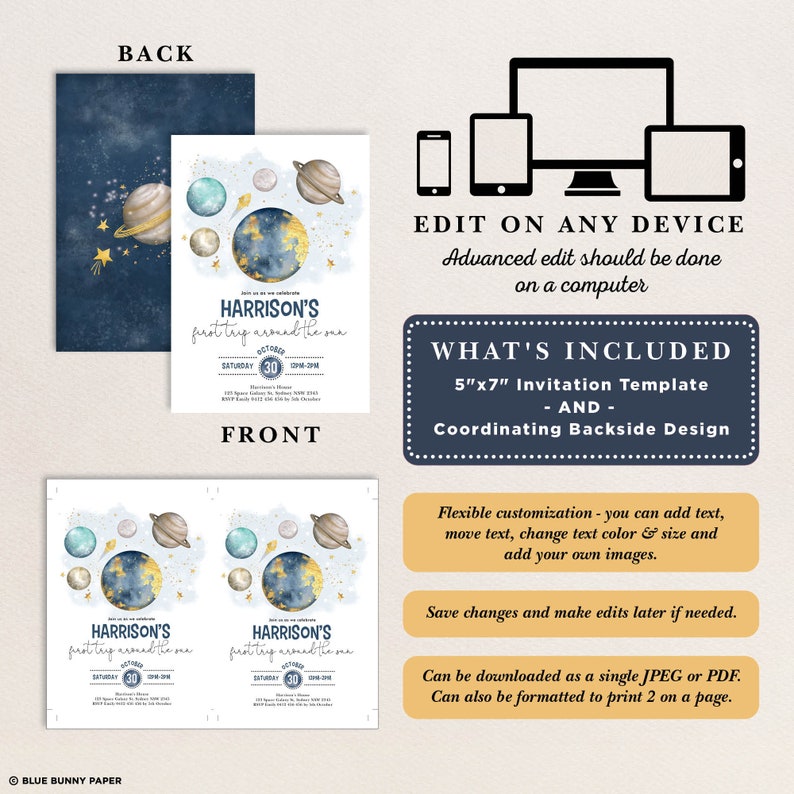 May include: Editable 5x7 inch invitation template for a first birthday party with a space theme. The invitation features a watercolor illustration of planets and stars in shades of blue, gold, and white. The text on the invitation reads "Harrison's first trip around the sun".