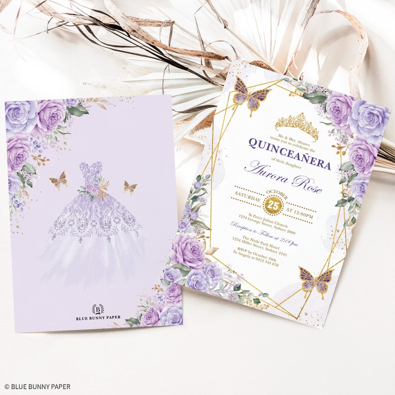 May include: Purple and gold Quincea&ntilde;era invitation with a floral design. The invitation features a gold frame with a butterfly and the text "Quincea&ntilde;era" and "Aurora Rose".