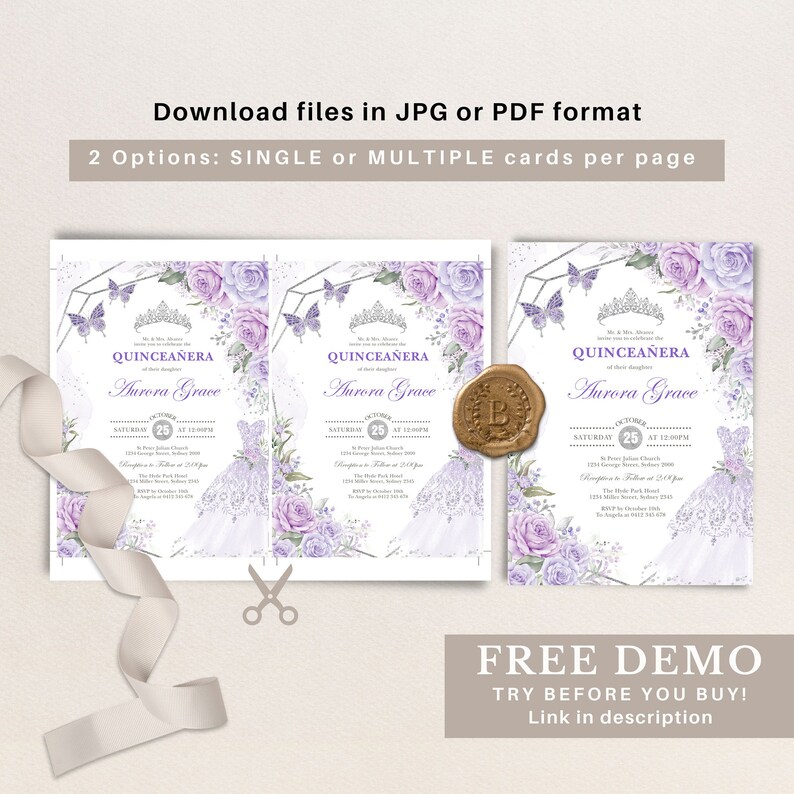 May include: Two printable Quincea&ntilde;era invitations with a purple and silver floral design. The invitations feature a crown, butterflies, and a white dress. The text on the invitations reads "Quincea&ntilde;era Aurora Grace".