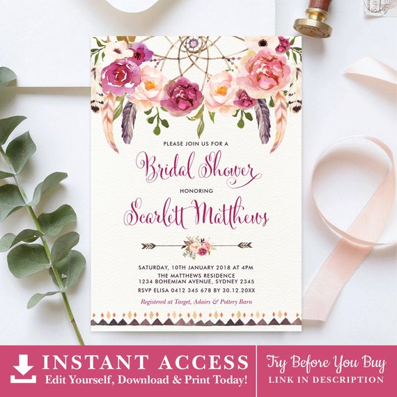 EDITABLE Dreamcatcher Bridal Shower Invitation. Floral Boho Printable Invite Template. INSTANT DOWNLOAD. FLO13 Il_570xn