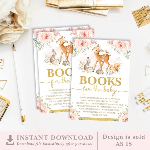Blush Floral Woodland Baby Shower Books For Baby Printable Card. Pink Gold Forest Animals Bring a Book Card. INSTANT DOWNLOAD. WOOD16 Il_570xn