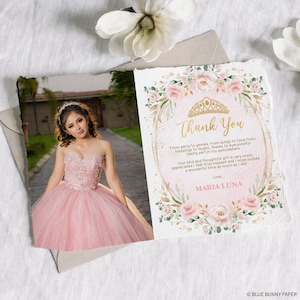 QUINCEAÑERA Foto Dankeschön Karte bearbeitbare Vorlage Sweet 15 Birthday Party Favor Aquarell Rosa Gold Printable Sofort Download FLO40