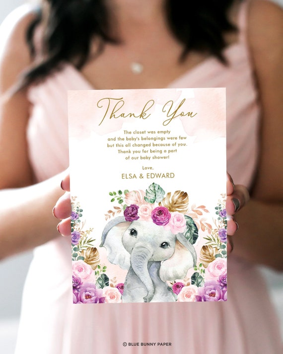 DIY Elephant Baby Shower EDITABLE Thank You Card. Blush Purple Flowers. Girl Jungle Safari Printable Template Download. EL13 Il_570xn